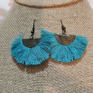 Teal Fringe Bronze Earrings. Nickle Free.